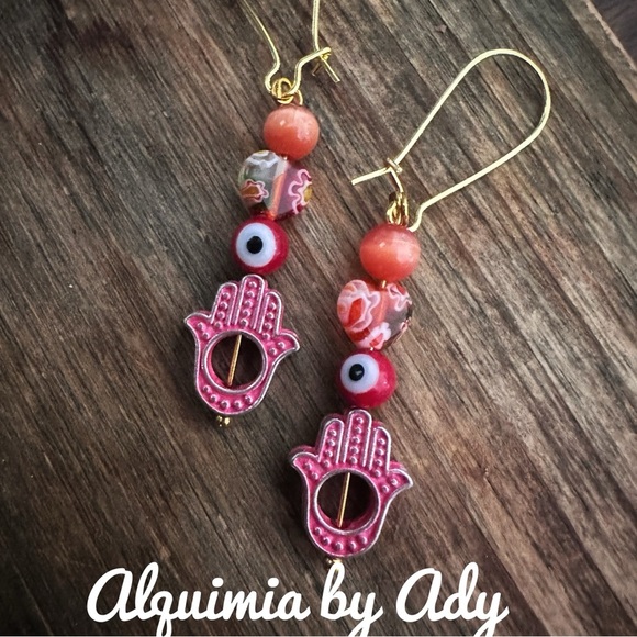 Hamsa Beaded Earrings in Pink and Orange cats eye - Picture 1 of 1
